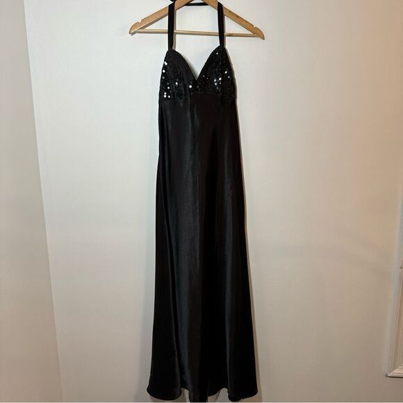90s Victoria’s Secret RARE Sparkly Sequin Black Tie Maxi Gown Halter Slip Dress - Picture 1 of 10